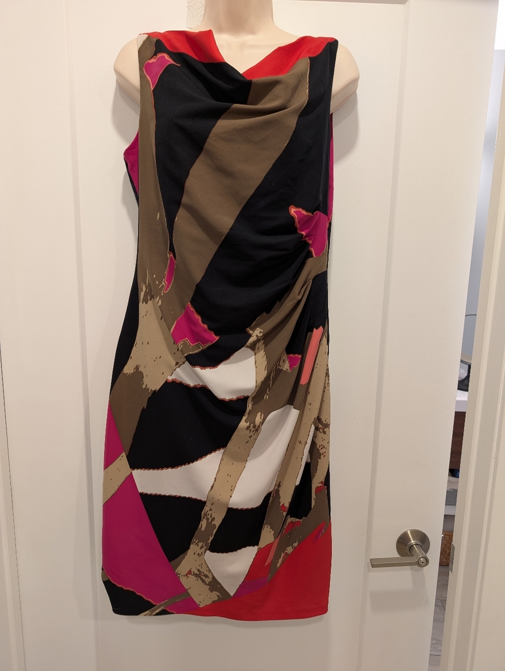 Anne Klein Sleeveless Abstract Print Cowl Neck Dress in Black, Pink, Red